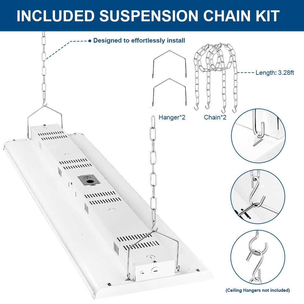 LED industrial light fixture with suspension chain kit on a white background