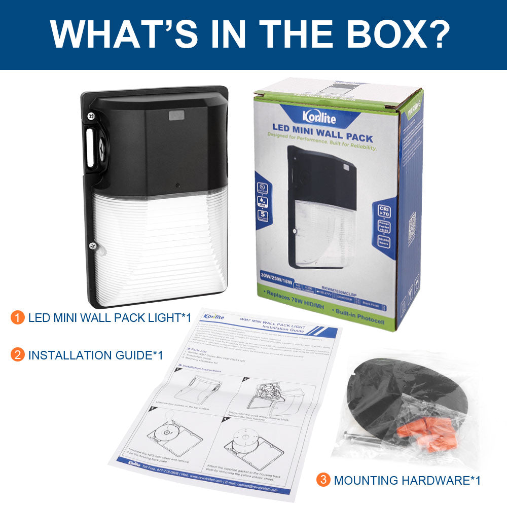 A picture of everything that comes in the box when you purchase Konlite WM7 Mini LED Wall Pack Black Fixture