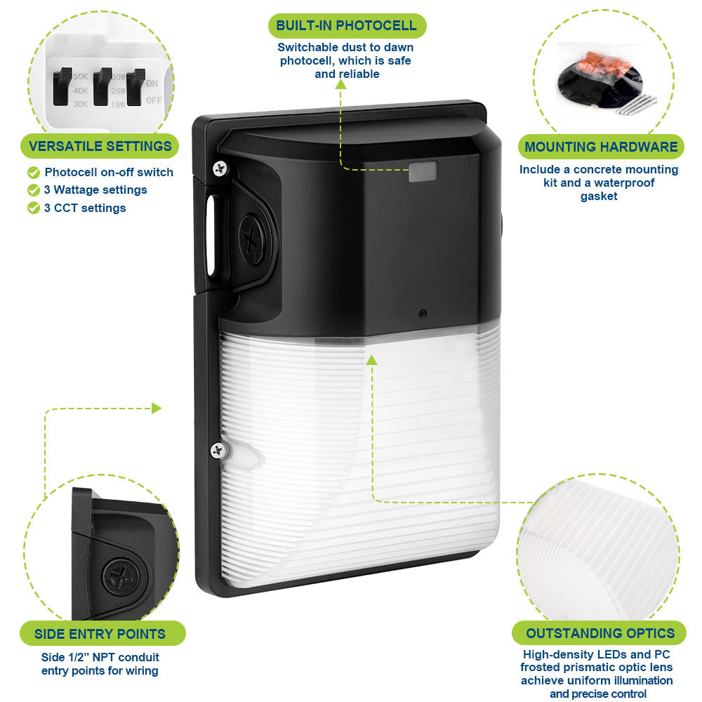 Konlite WM7 Mini LED Wall Pack Black Fixture with highlighted features