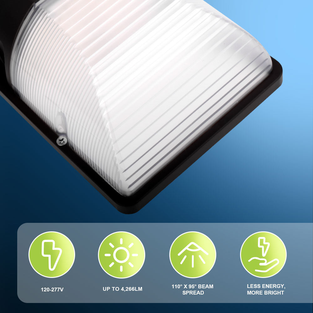 Close up of the lens for Konlite WM7 Mini LED Wall Pack Black Fixture with information below