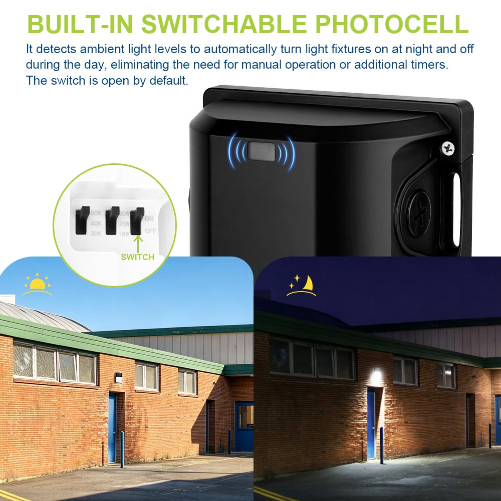 Built-in switchable photocell for Konlite WM7 Mini LED Wall Pack Fixture