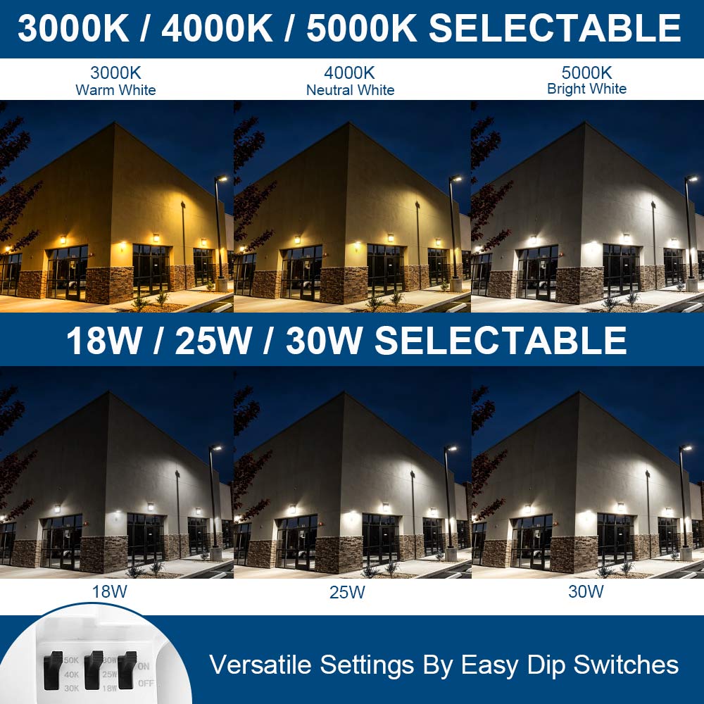 Side-by-side comparison of the wattage and CCT settings for Konlite WM7 Mini LED Wall Pack
