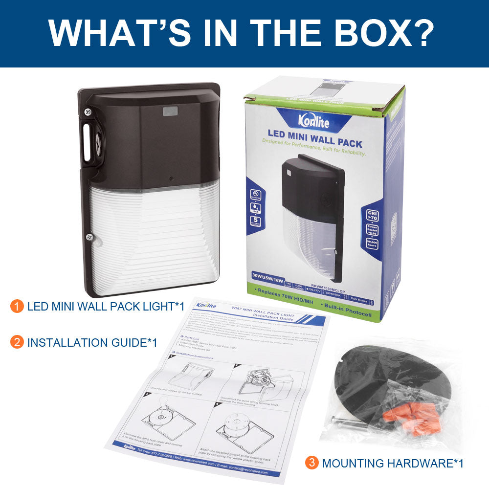 A picture of everything that comes in the box when you purchase Konlite WM7 Mini LED Wall Pack Dark Bronze Fixture