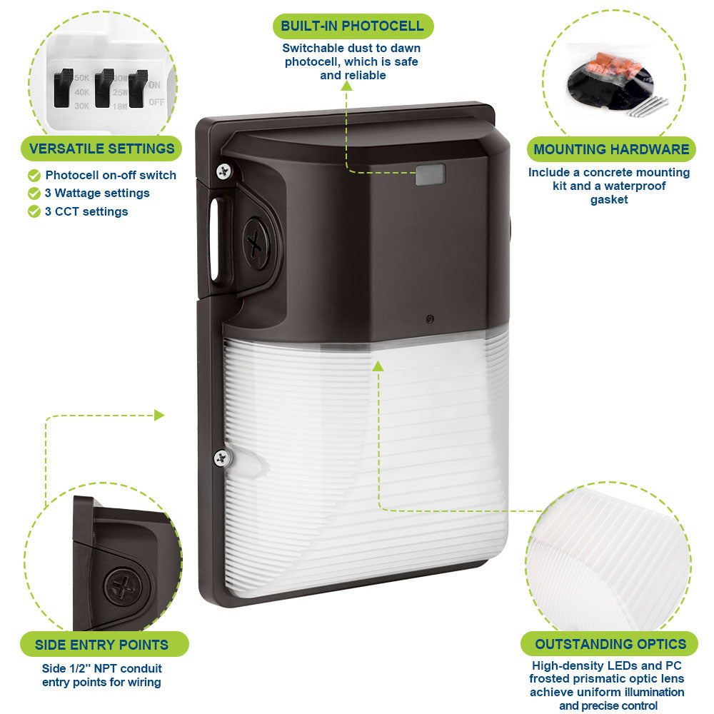 Konlite WM7 Mini LED Wall Pack Dark Bronze Fixture with highlighted features
