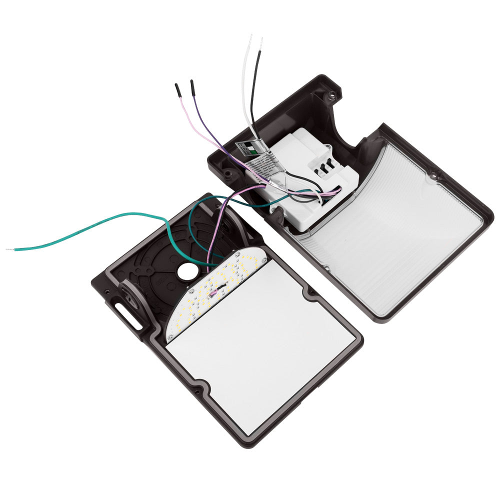 Inside view of Konlite WM7 Mini LED Wall Pack Dark Bronze Fixture with wires and switches