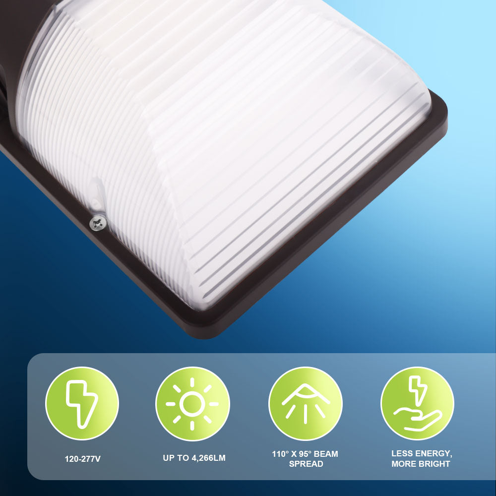 Close up of the lens for Konlite WM7 Mini LED Wall Pack Dark Bronze Fixture with information below