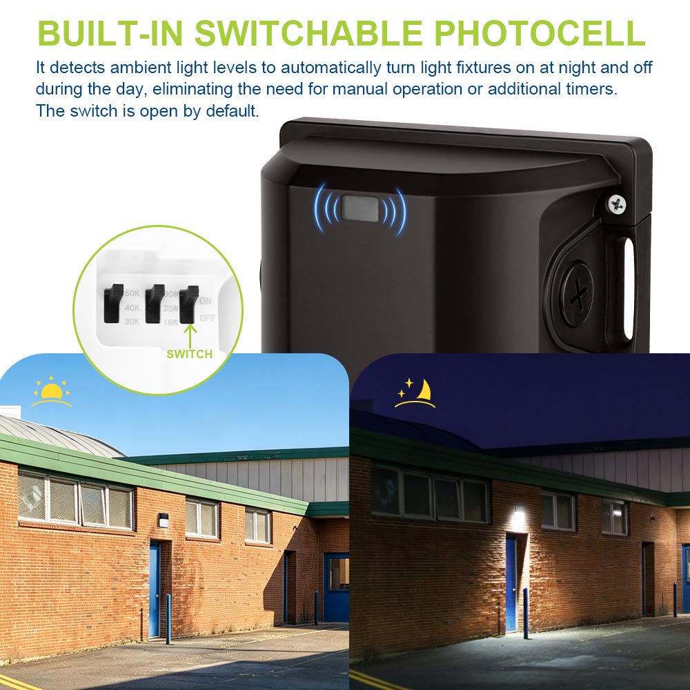 Built-in switchable photocell for Konlite WM7 Mini LED Wall Pack Fixture
