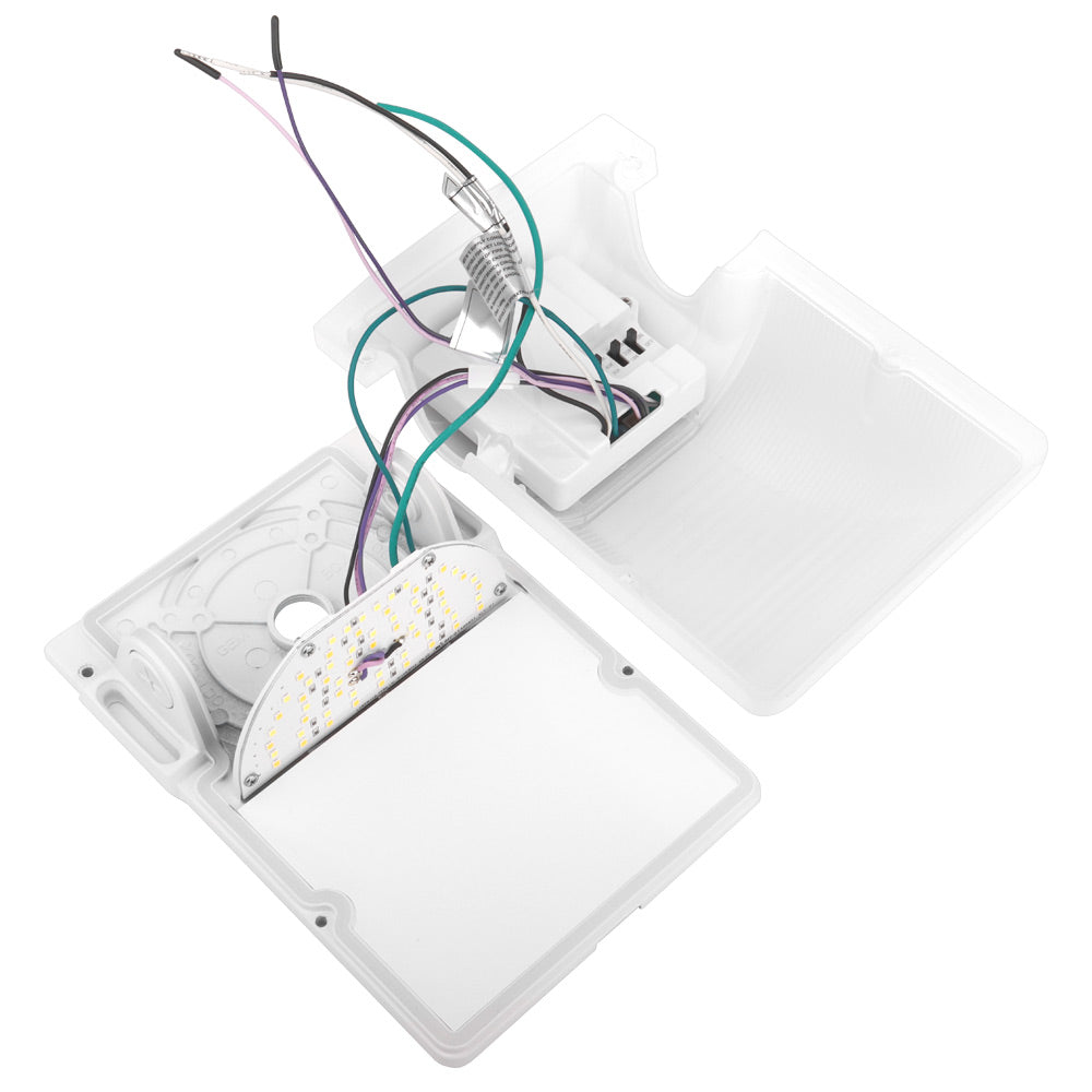 Inside view of Konlite WM7 Mini LED Wall Pack White Fixture with wires and switches