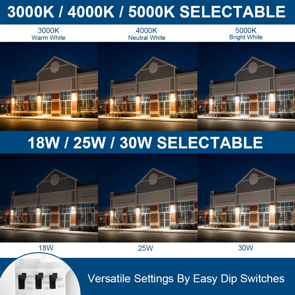 Side-by-side comparison of the wattage and CCT settings for Konlite WM7 Mini LED Wall Pack