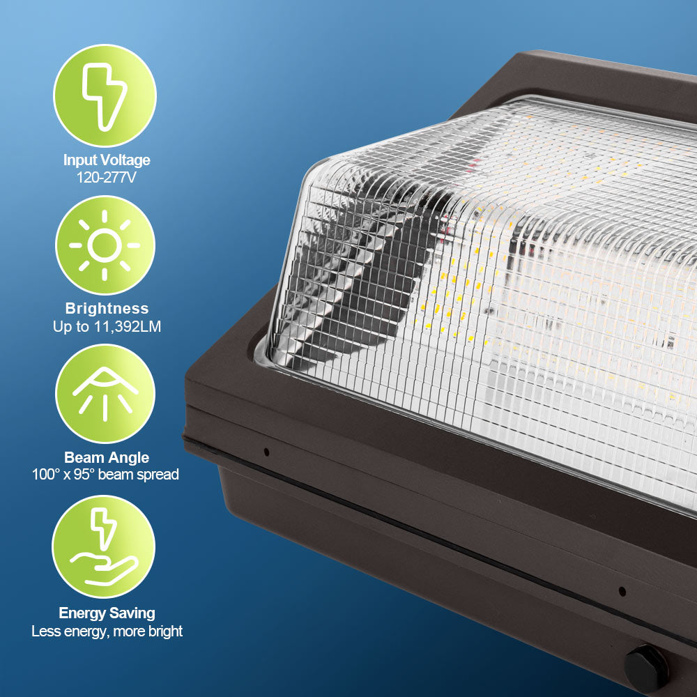 Konlite WP7 LED Wall Pack Light – 80W/60W/40W Selectable – Up to 11,390 Lumens – 3000K/4000K/5000K – 120-277V - Glass Lens - 250W Equal