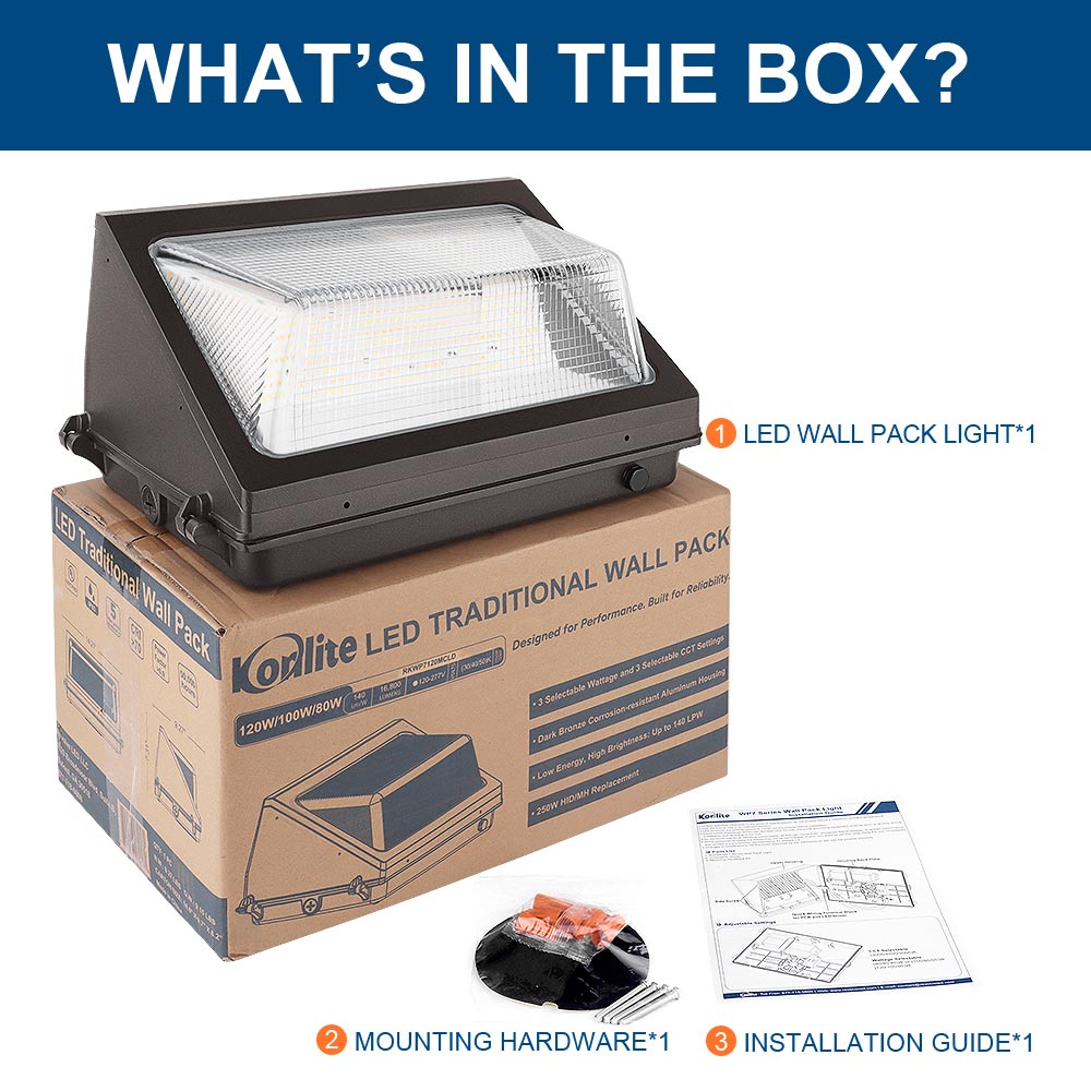 Konlite WP7 LED Wall Pack Light – Product with packing details
