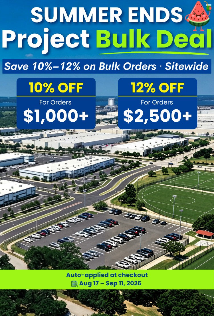Promotional banner for a summer bulk deal project site, featuring an aerial view of a large construction site with buildings, roads, and parking. 10% off for orders of $1,000+ and 12% off for orders over $2,500.