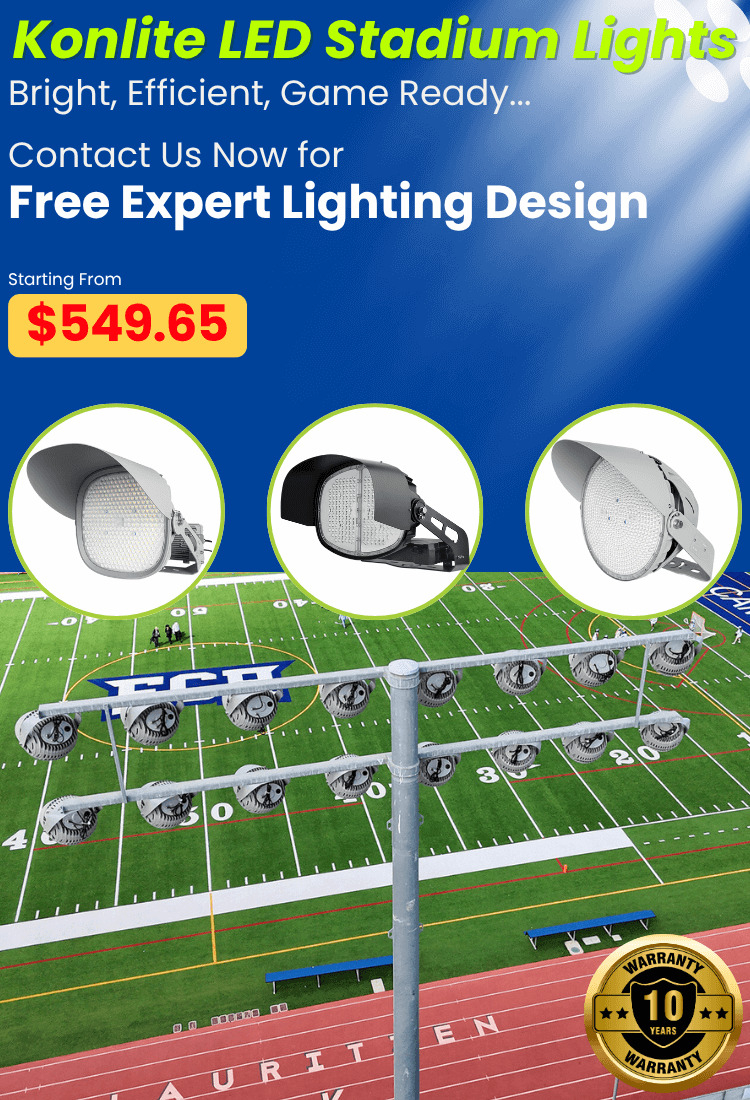 Advertisement for Konlite LED Stadium Lights on a football field background with pricing and contact information.