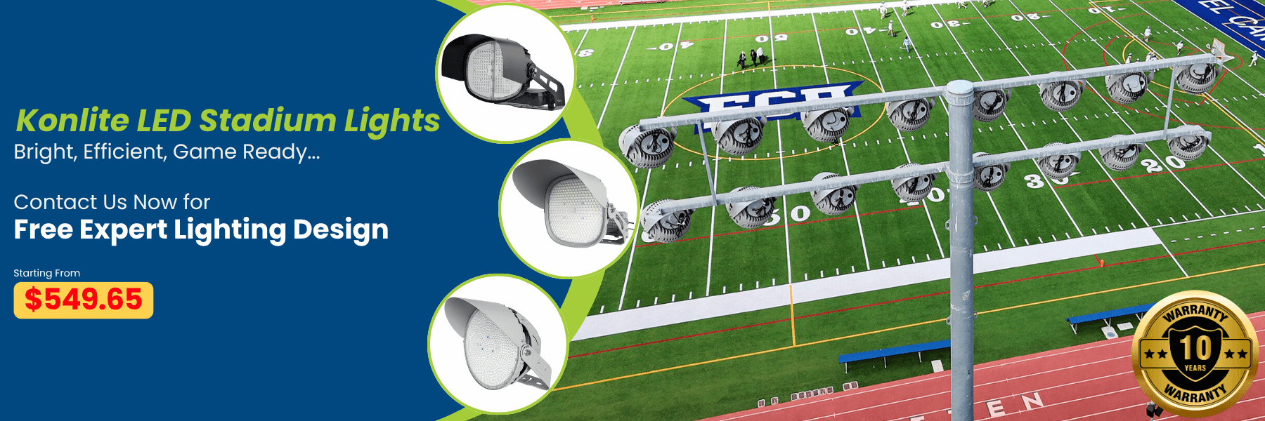 Advertisement for Konlite LED Stadium Lights on a sports field background
