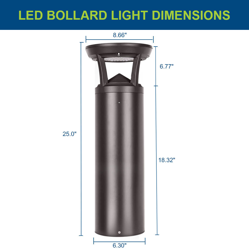 2ft LED bollard light with dimensions labeled on a white background