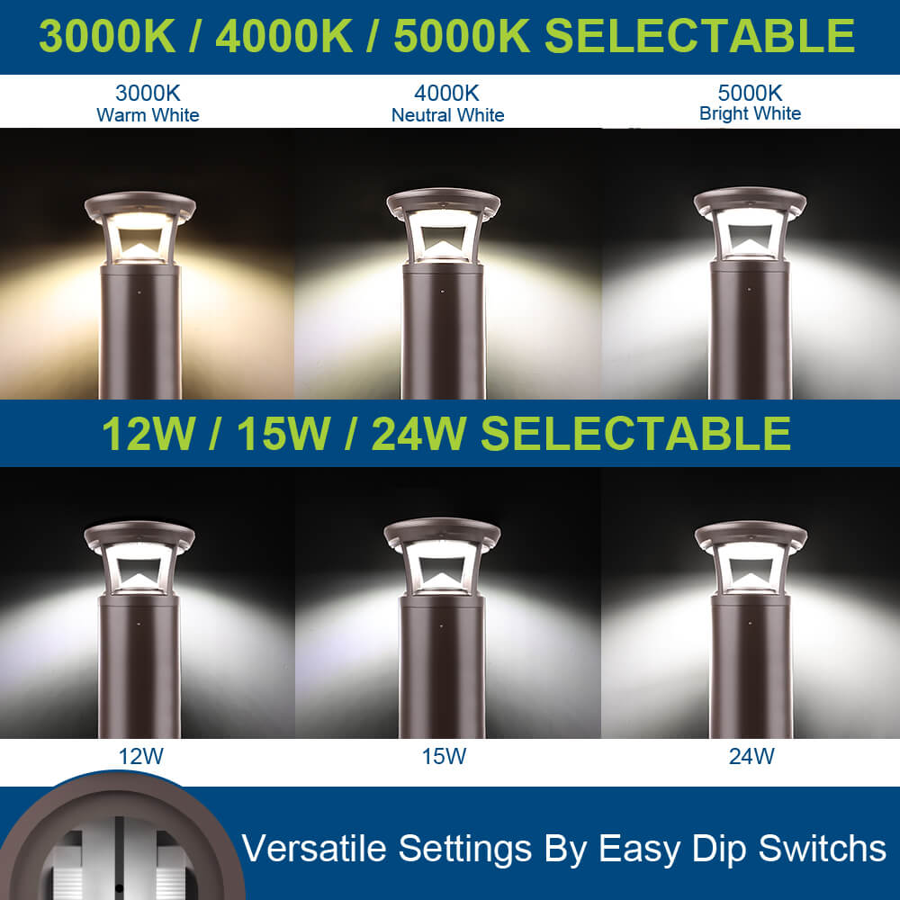 Konlite LED Bollard Light with color temperature and wattage options displayed on a black background