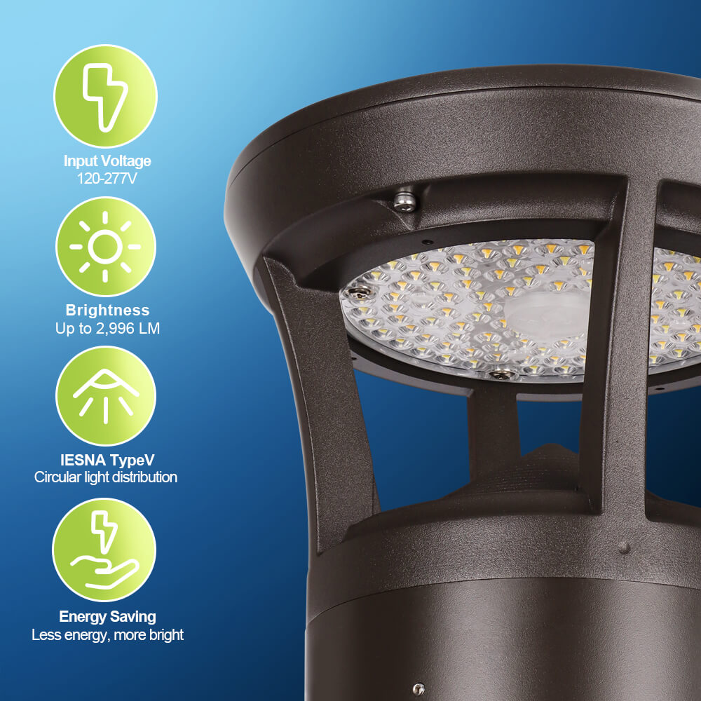Konlite LED Bollard Light with features highlighted with specifications on a blue background