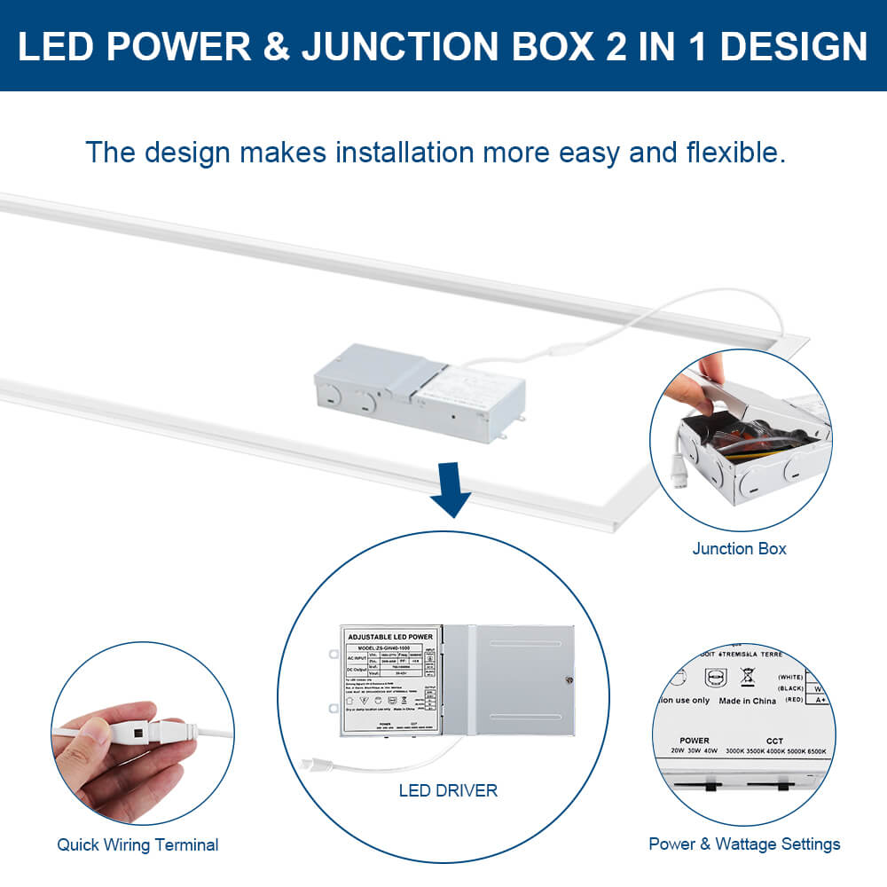 LED power and junction box 2-in-1 design with components and installation process of Konlite 2x4 LED Frame light fixture