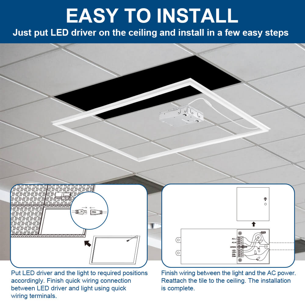 Ceiling installation guide with Konlite 2x4 LED Frame light fixture