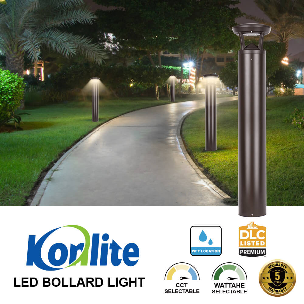 Koralite LED bollard light on a pathway with greenery at night, featuring the brand logo and product features.