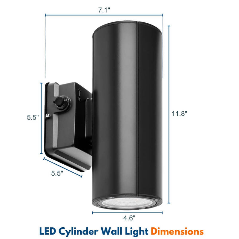 Dimensions of Konlite LED Cylinder Up and Down Wall Light fixture, Black 20W LED Wall Sconce 
