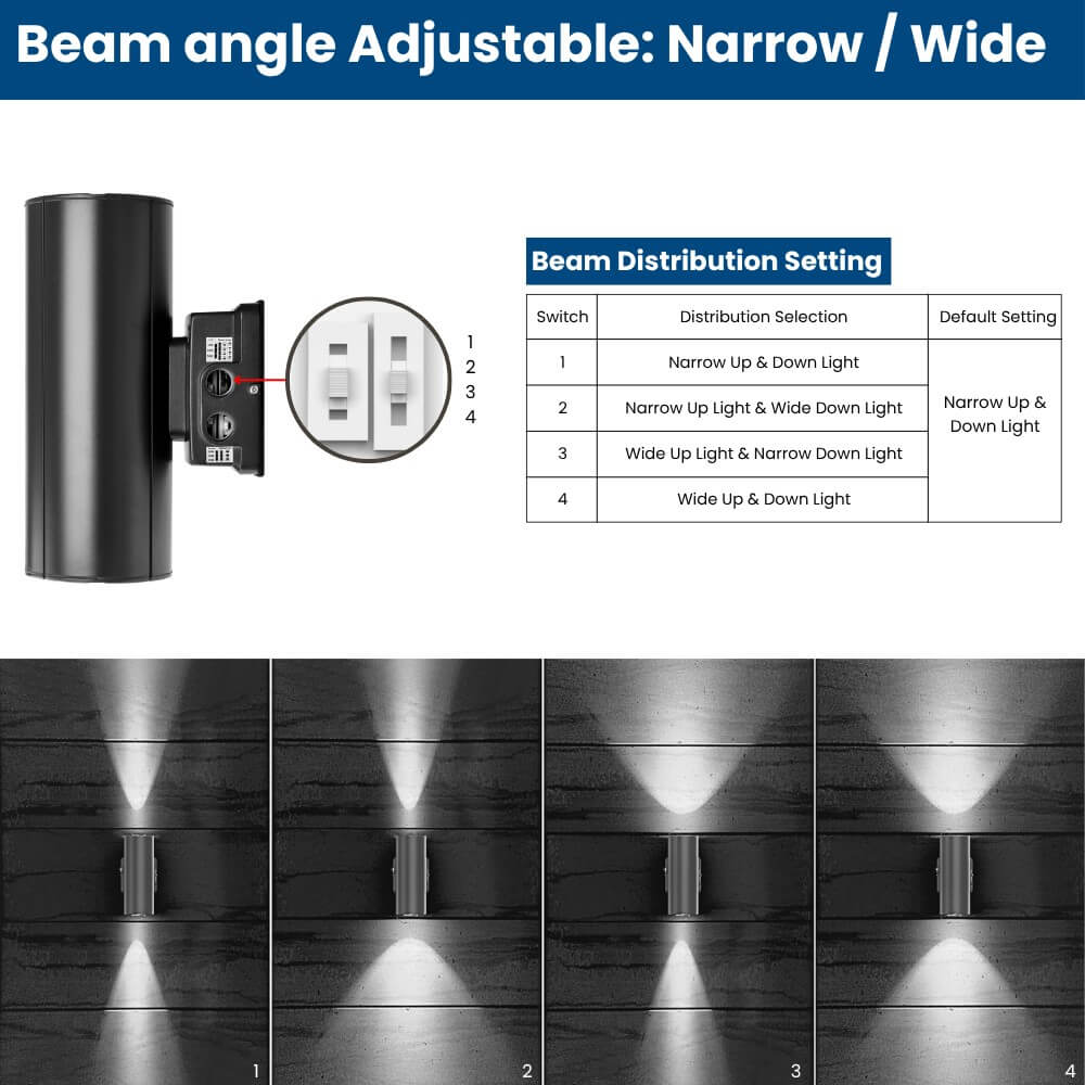 Beam Angles settings  of Konlite LED Cylinder Up and Down Wall Light fixture 