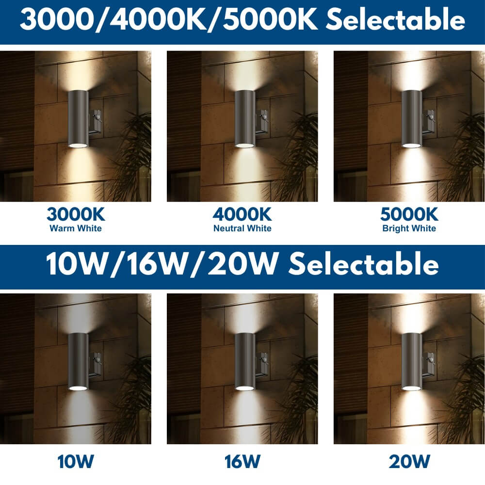 Watts and CCT selections of Konlite LED Cylinder Up and Down Wall Light fixture 