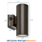 Dimensions of Konlite LED Cylinder Up and Down Wall Light fixture 