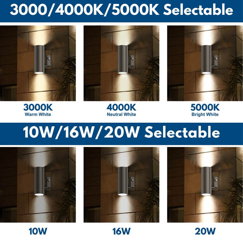Watts and CCT selections of Konlite LED Cylinder Up and Down Wall Light fixture 