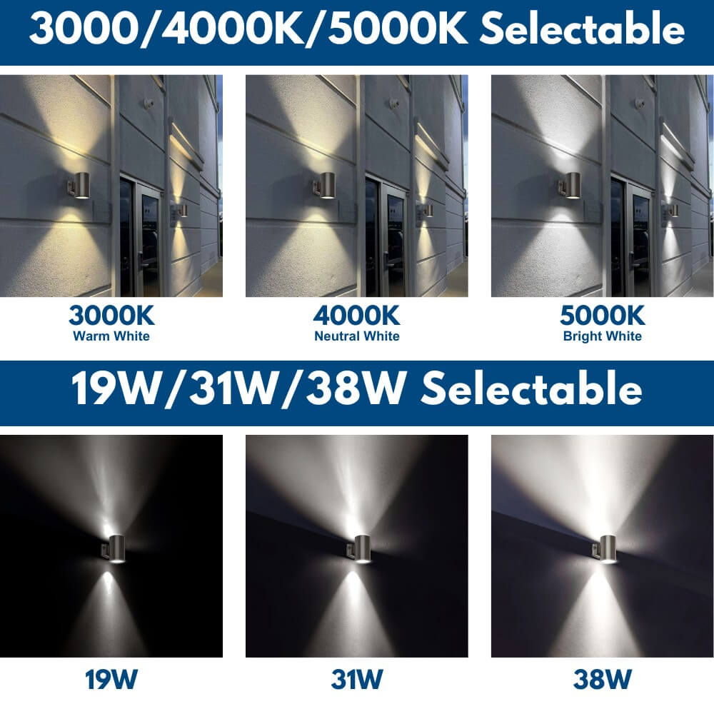 Wattage and CCT Selections of of Konlite 6 inch LED Cylinder Up and Down Wall Light fixture 