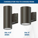 Two models of Konlite LED Cylinder Up and Down Wall Light fixture 