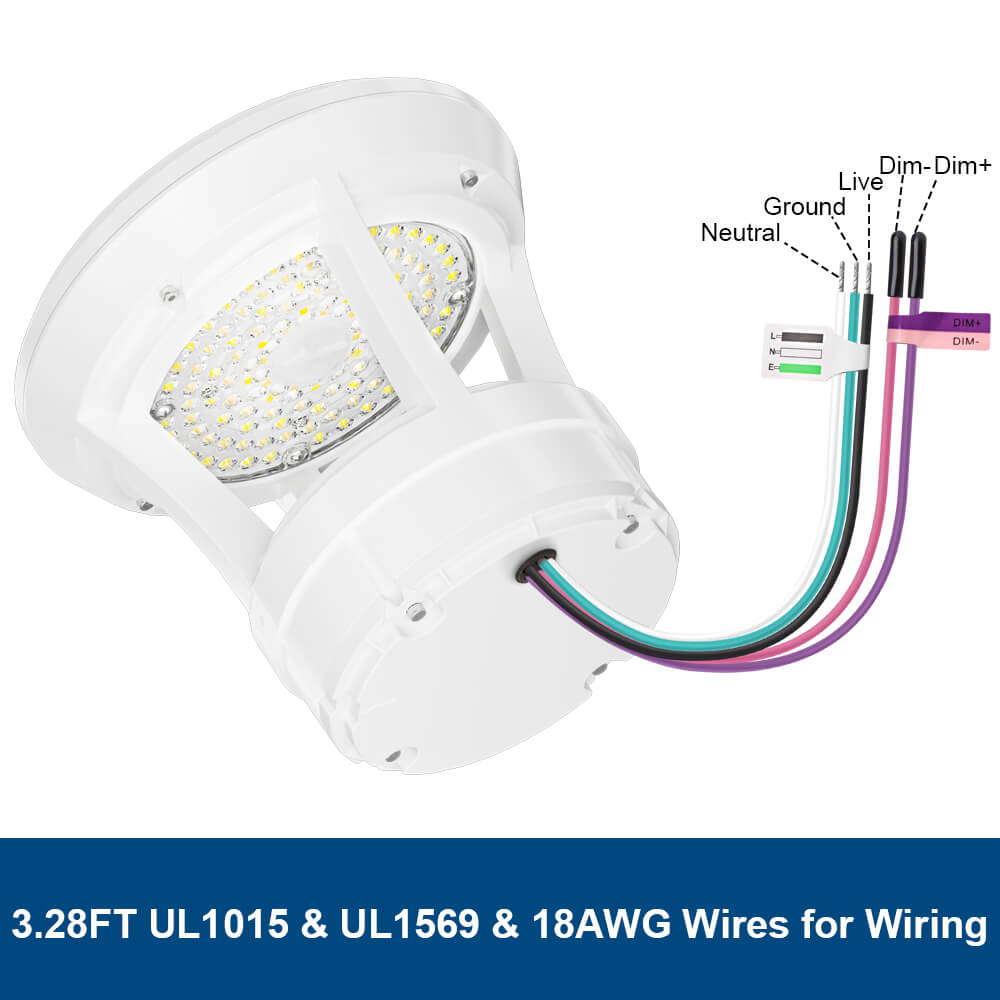 LED light fixture with wiring diagram and color-coded wires on a white background