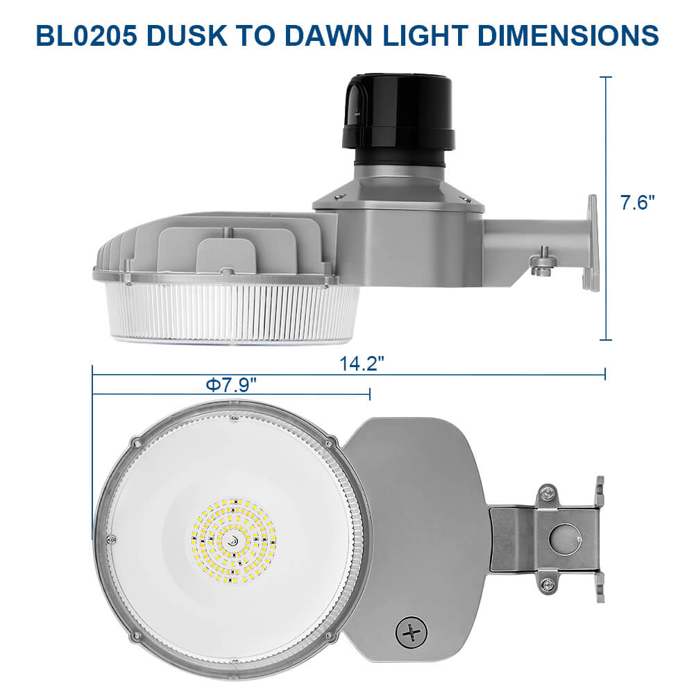 Dimensions of a dusk to dawn light fixture with labeled measurements on a white background.
