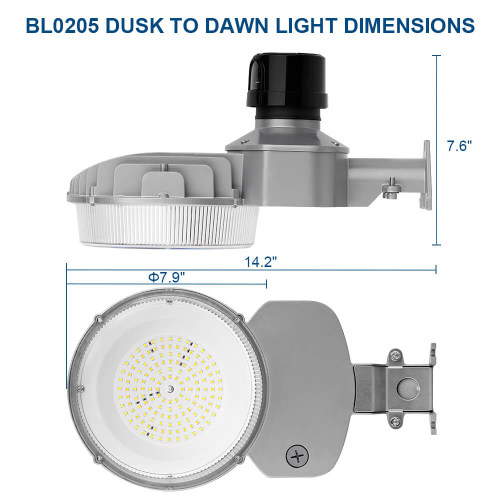 Dimensions of a dusk to dawn light fixture with labeled measurements on a white background.