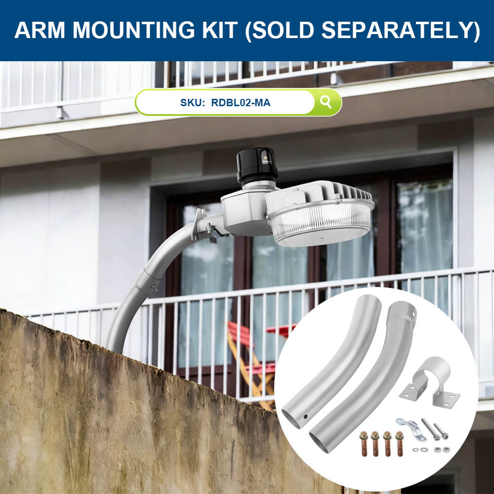 LED light fixture with arm mounting kit on a building exterior, SKU RDBL02-MA.