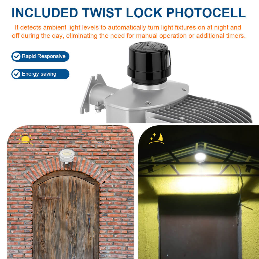 Twist lock photocell with applications on a brick wall and under a roof.
