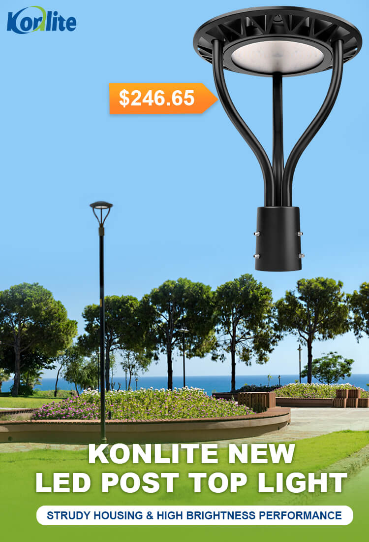 Konlite new LED post top light with a scenic background of trees and sky.