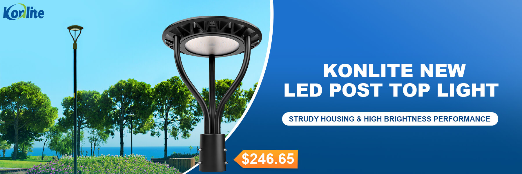 Konlite new LED post top light with outdoor setting and pricing information.