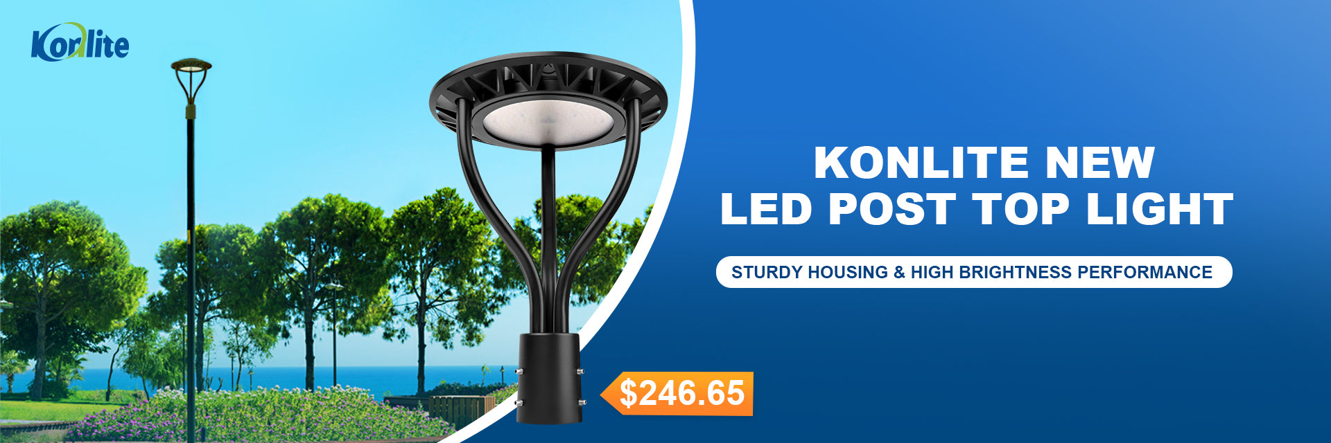 Konlite new LED post top light with outdoor setting and pricing information.