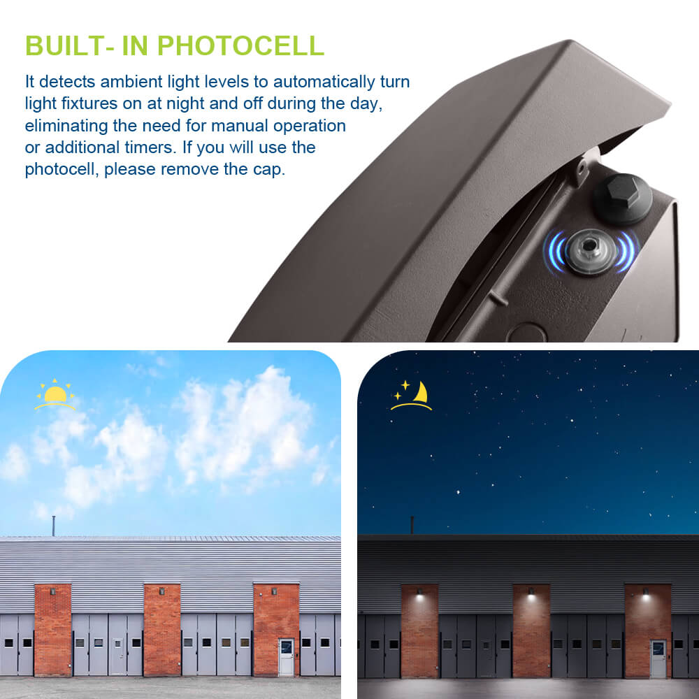 Konlite LED Slim Wall Pack Light with built-in photocell sensor and its effect on building lighting during day and night.