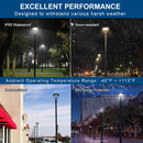 Konlite Black outdoor Postop light fixture demonstrating performance in various weather conditions with text highlighting features like IP65 waterproof, snow-resistant, heat-resistant, and 6KV surge protection.