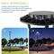 Konlite Black outdoor Postop light fixture with built-in photocell feature, shown during day and night.