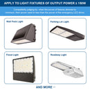 Various types of light fixtures with compatibility information for emergency LED drivers.