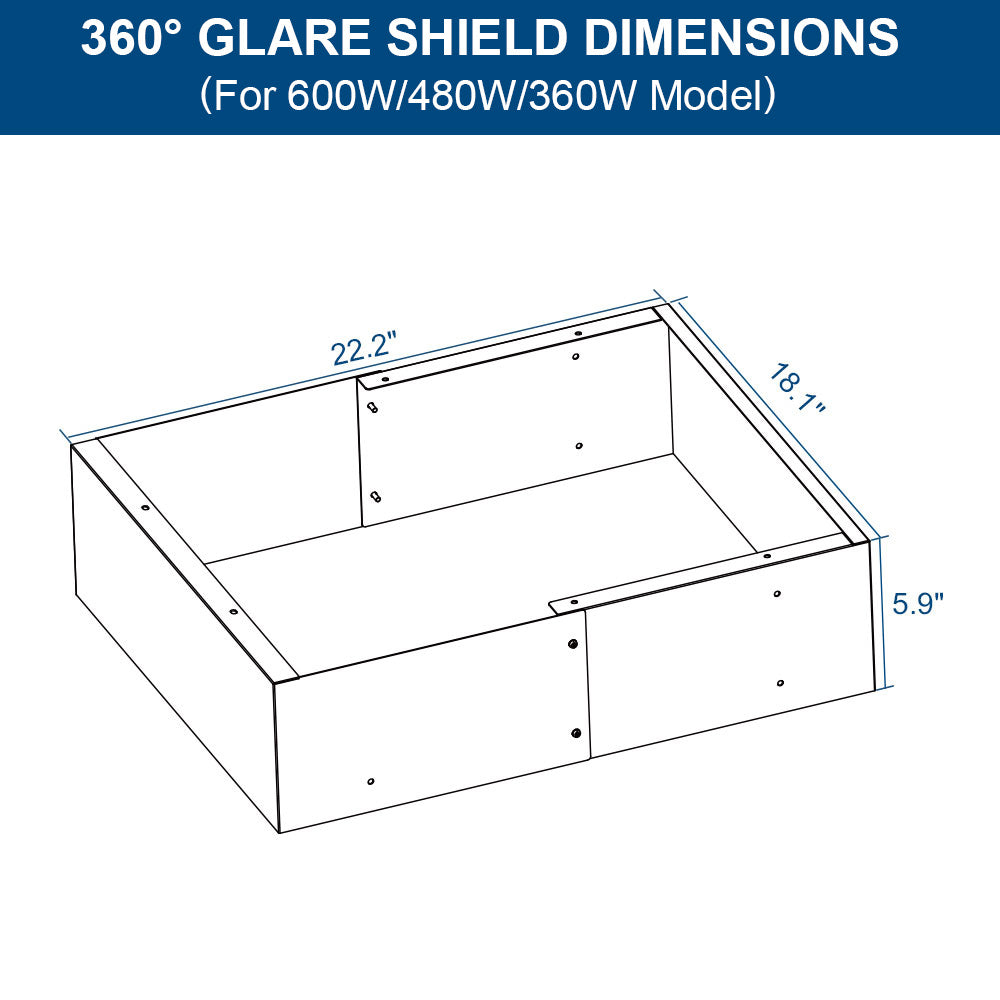 Diagram of 360° Glare Shield for 600W Spica Series LED Sports Lights with labelled dimensions