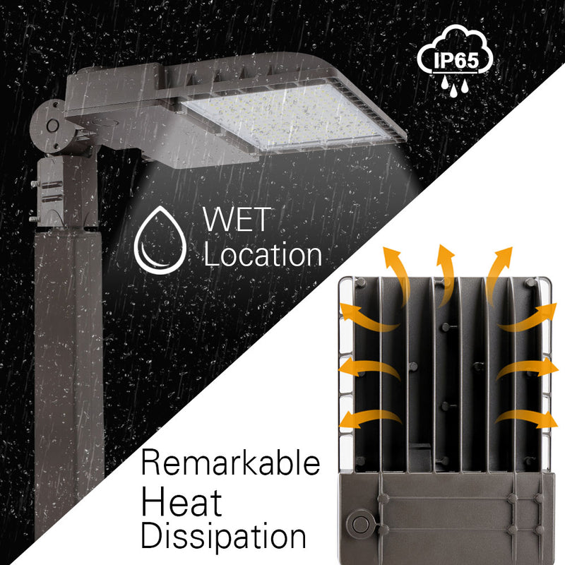 ip65 rated led parking lot light with great heat dissipation stands in the rain