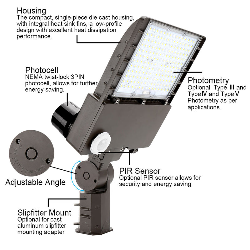 Housing, photometry, photocell, adjustable angle pir sensor, slipfitter mount