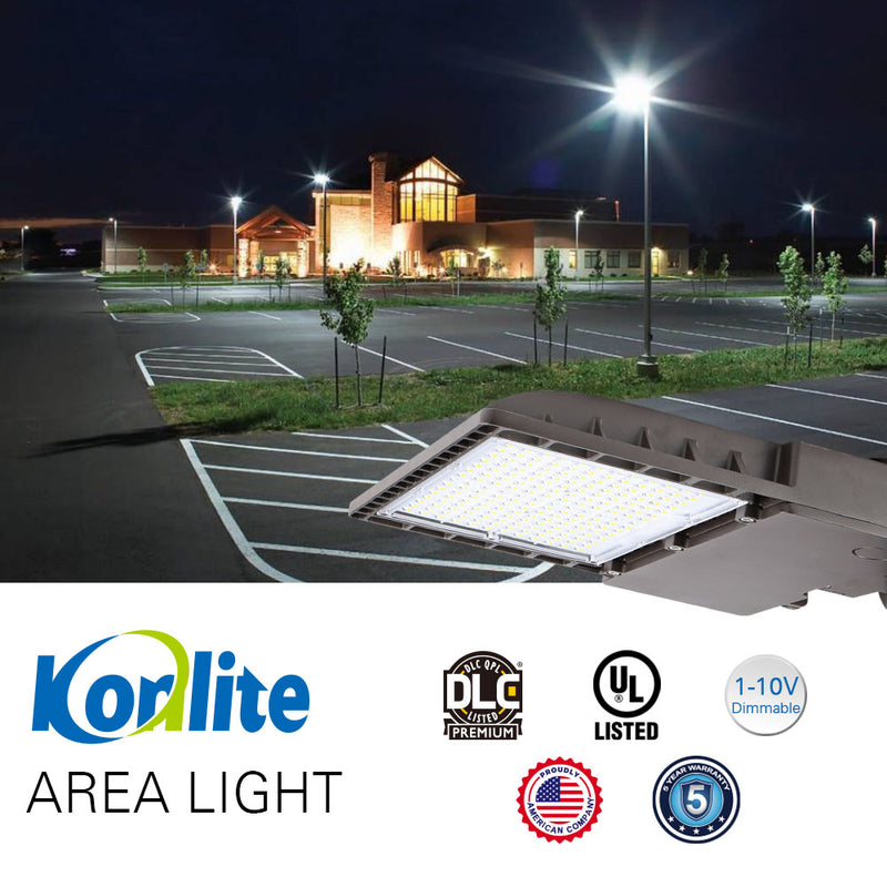 UL and DLC certified led pole lights illuminate a parting lot of commercial building