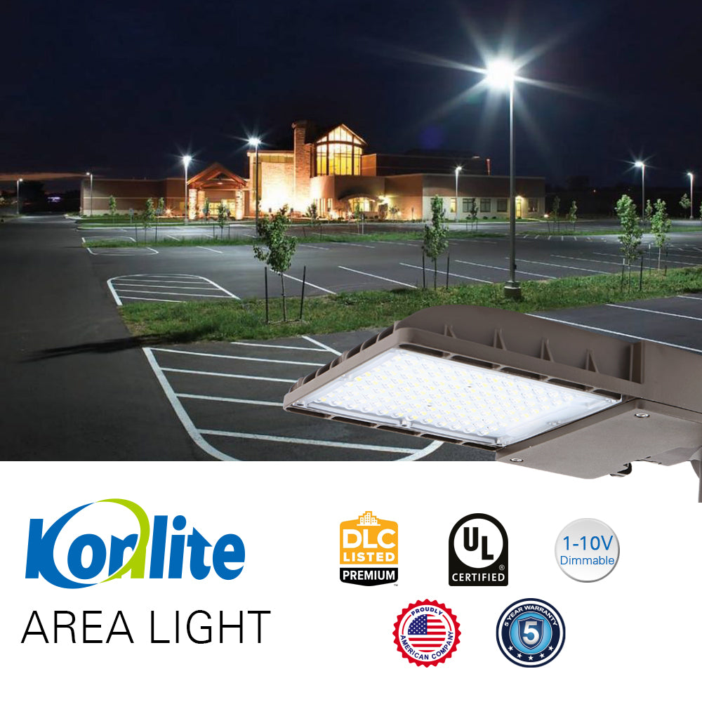 UL and DLC certified Konlite led pole lights illuminate a parting lot of commercial buildings