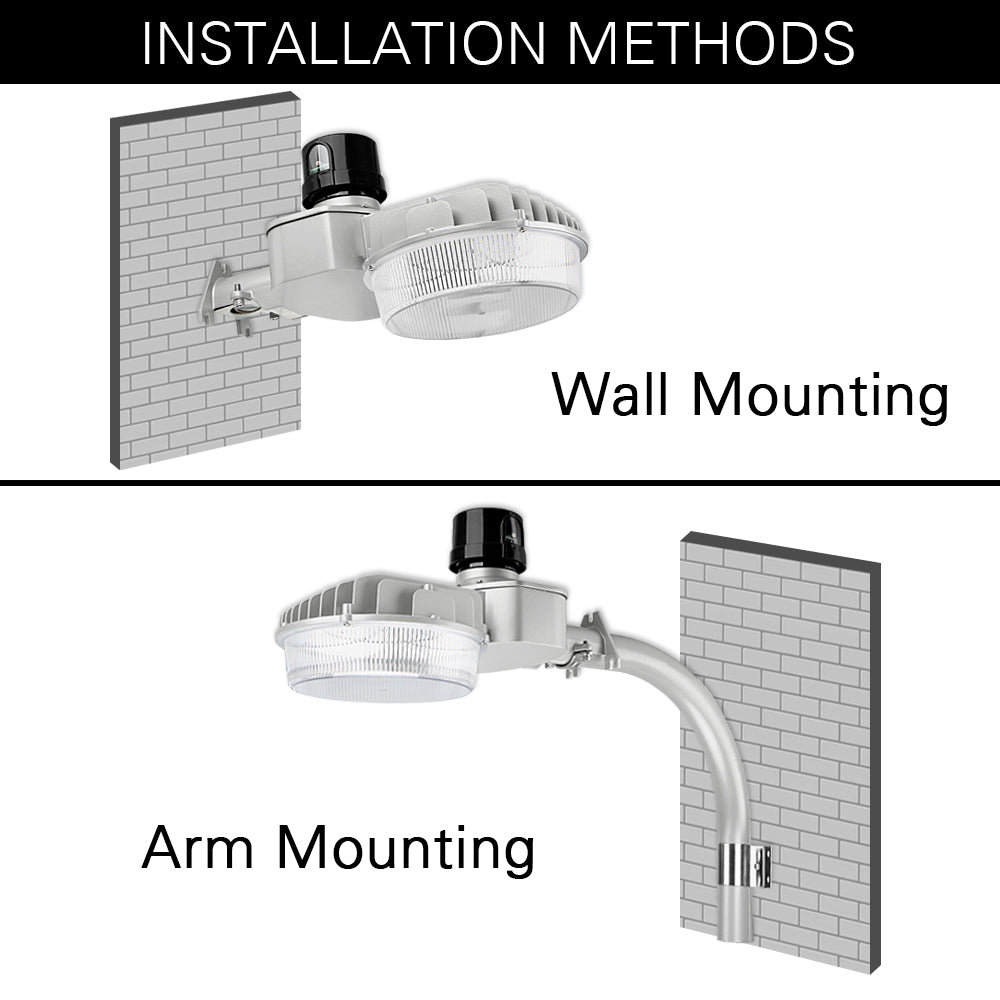 one led dusk to dawn light mounted to wall and one mounted with an arm