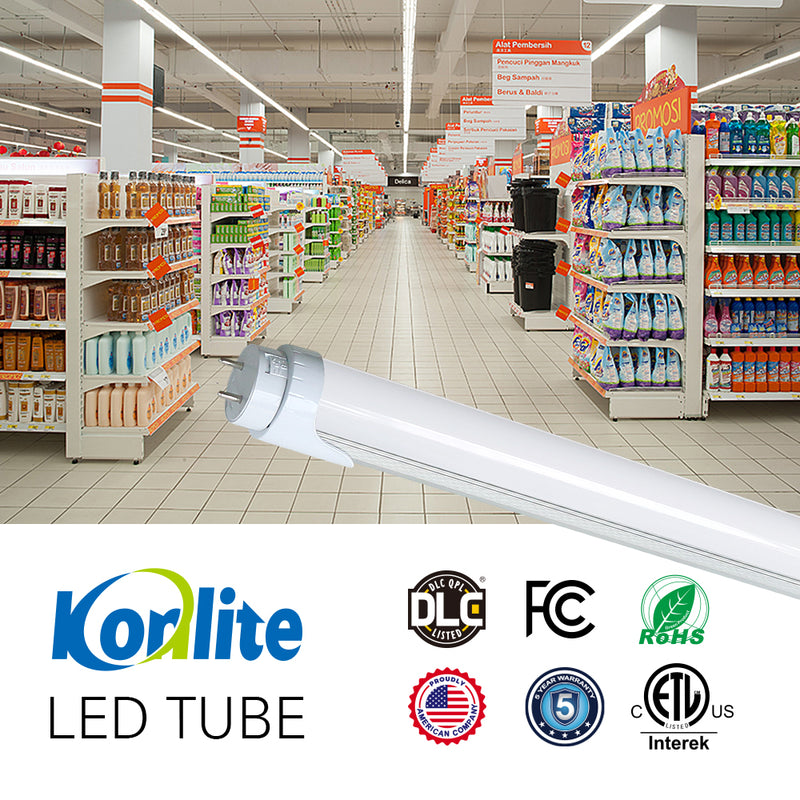 ETL/DLC/FCC certificated konlite led t8 bulbs installed in a grocery store